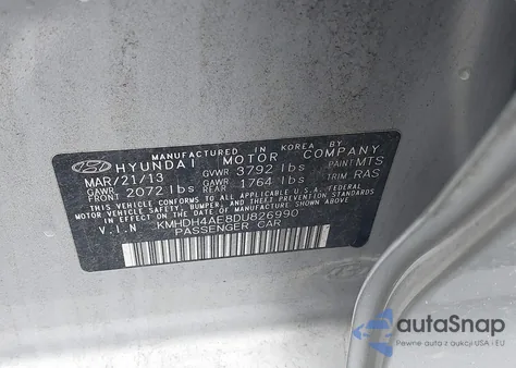 2013 Hyundai Elantra Gls (Ulsan Plant) из США, поврежденный, VIN KMHDH4AE8DU826990